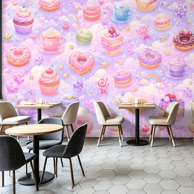 Peel and Stick Wallpaper Wall Mural Pastel Sweet Treats Cupcakes Macarons Donuts Wall Art Self Adhesive and Removable