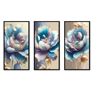 Glace bleue et aquarelle mauve I - art mural floral 3 pièces