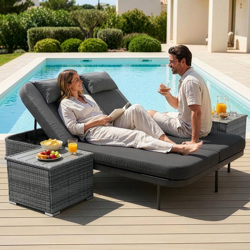 Chaise longue d'extérieur en osier avec table d'appoint et coussins, dossier inclinable réglable, Gris