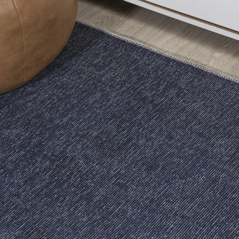 Amdrew Solid Centre Stripe Machine-Washable Navy/Gray Rug, Rectangle 7'10" x 10'
