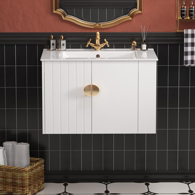 30"Floating Single Bathroom Vanity With Ceramic Top & Right Side Storage Cabinet