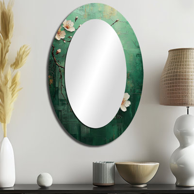 Fleur de cerisier dans les tons verts et blancs - Grand miroir mural ovale sur métal