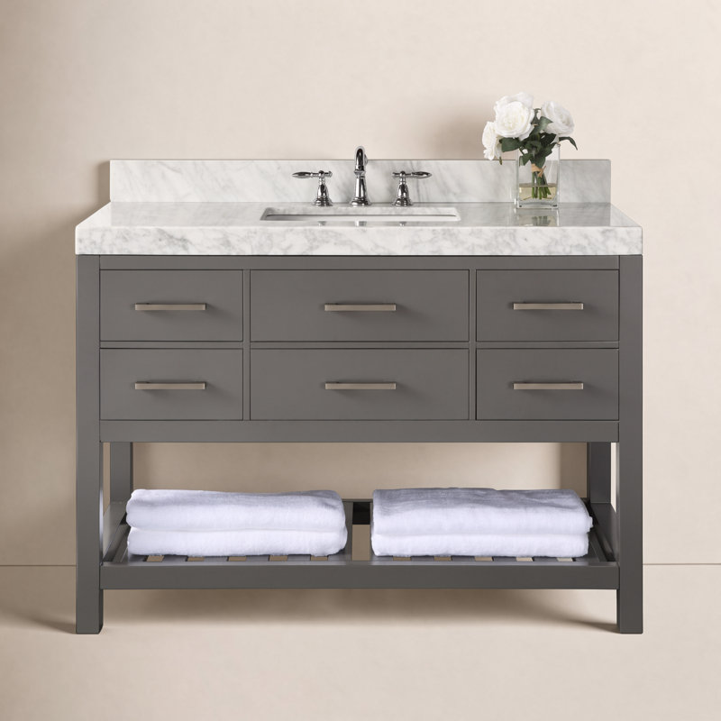 Ensemble de meuble-lavabo simple 48 po Carrie, Gris saphir / nickel brossé, Marbre blanc de Carrare