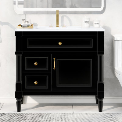  36" Bathroom Vanity with Sink, Solid Wood Frame, Flip Drawer, 2 Drawers & Door Rack, Black