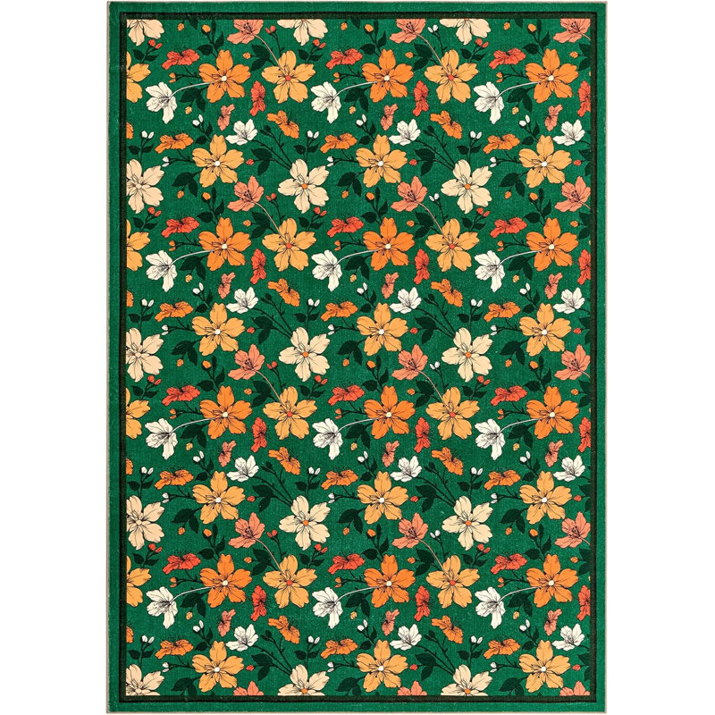 Washable Boho Floral, Non-Slip, Low Pile, Soft Throw Rug for Entryway, Kitchen, Kids Room, Green, Small Machine Washable.