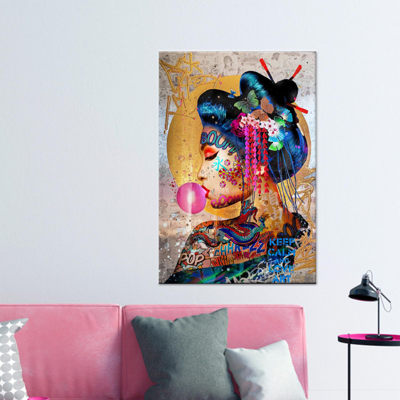Geisha Graffiti Wall Art: Modern Woman, impression sur toile, toile tendue 1P, H: 35,4 po x l: 23,6 po