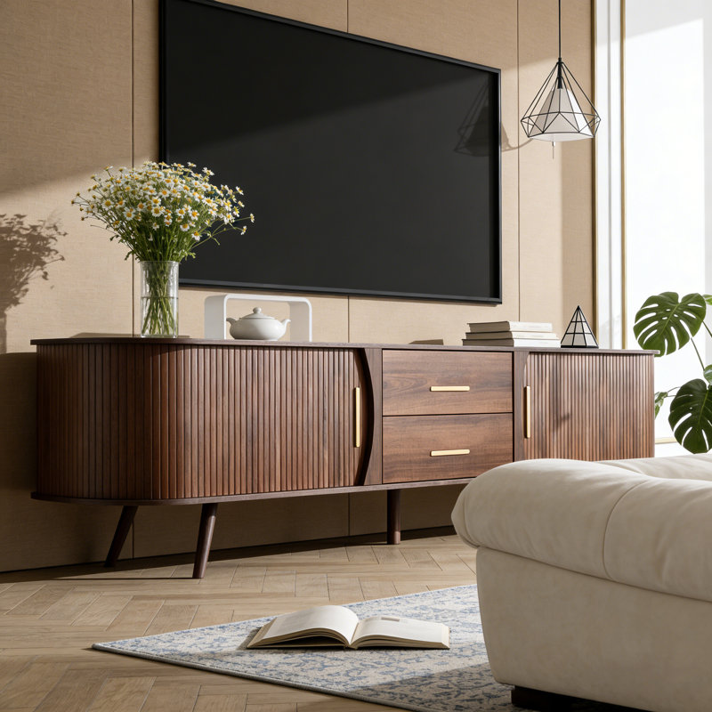 Walnut Finish Mid-Century Modern TV Stand With Fluted Doors, Curved Entertainment Center With 2 Drawers, Storage Cabinets & Gold Handles, TV Console Table For Living Room Bedroom Home Furniture