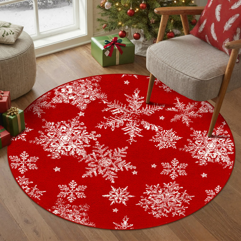 Tapis de Noël lavable Chamora avec motif classique rouge et flocon de neige, Rond 4 pi