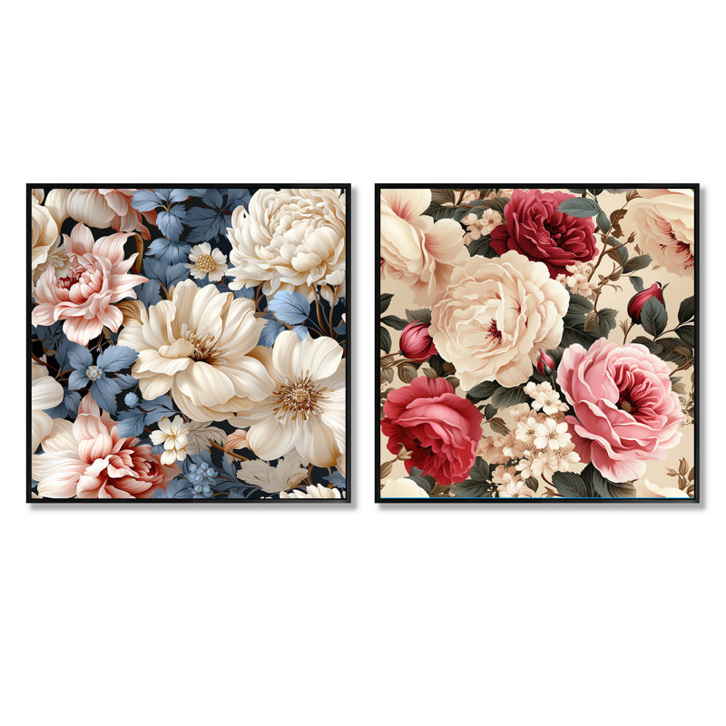 Ensemble de 2 collages floraux rétro à motif floral III, Cadre flottant noir, H 16 po x l 33 po