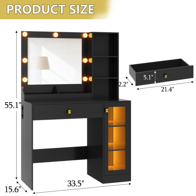 Small Makeup Vanity Table With Mirror And Lights, Black