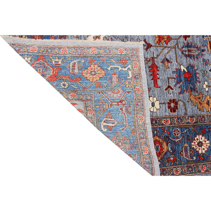 Tapis unique en laine noué à la main de 7 pi 11 po x 9 pi 10 po gris / rouge / bleu