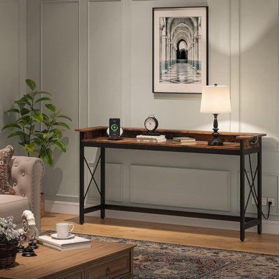 70.9" Extra Long Console Table With Power Outlets & USB Ports, Narrow Sofa Table Behind Couch, Industrial Entryway Bar Table With Charging Station For Living Room, Hallway, Rustic Brown
