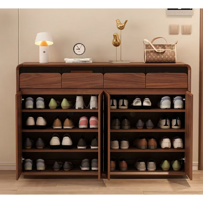 Modern Walnut Shoe Cabinet with Storage Drawers Large Capacity Entryway Organizer