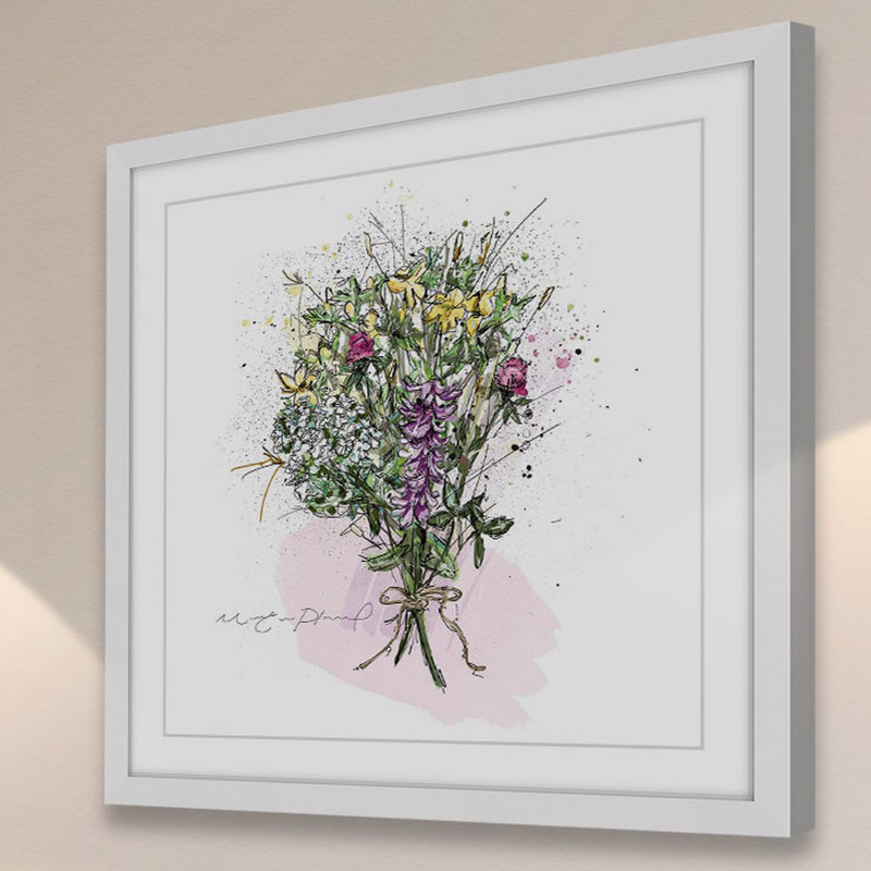 « bouquet avec cordon », reproduction de peinture à l’aquarelle encadrée, H 12 po x l 12 po x P 1,5 po