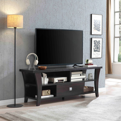 Meuble télé avec pieds courbés et un tiroir sur glissières en métal Poignée carrée en métal Design moderne Tablette divisée Deux casiers