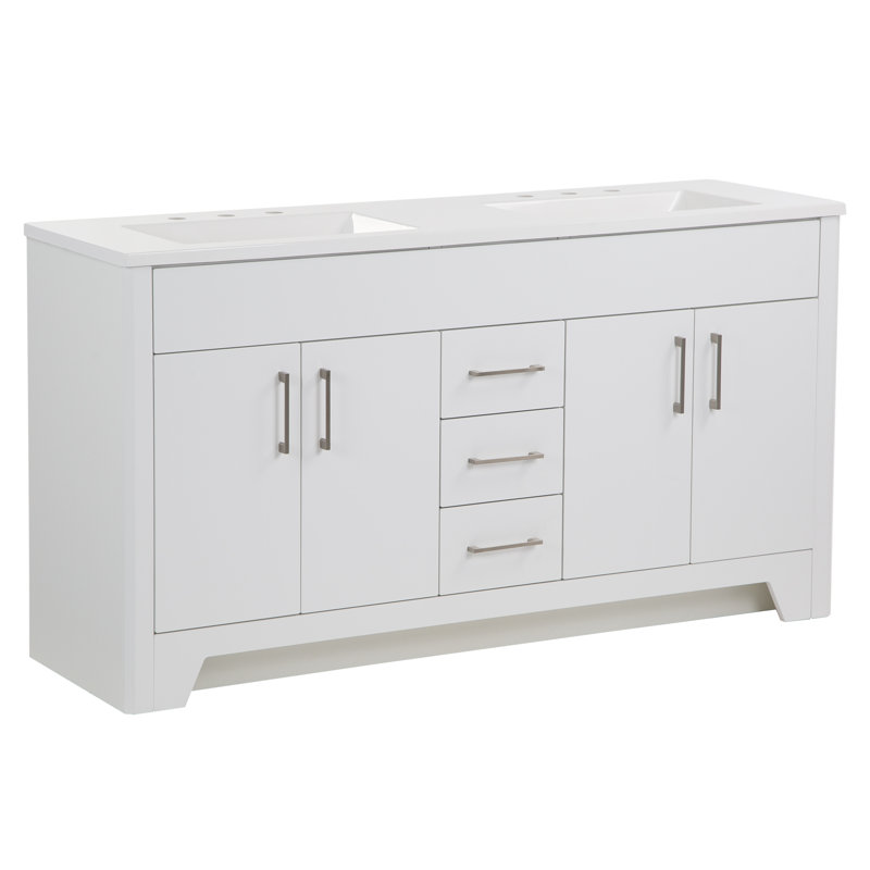 Meuble-lavabo double l 60,25 po avec plateau en marbre Ayra, Blanc