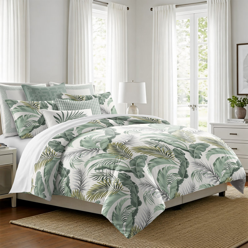 Édredon tropical en coton blanc / vert Tropical Palms, Édredon très grand lit californien + 2 taies dé