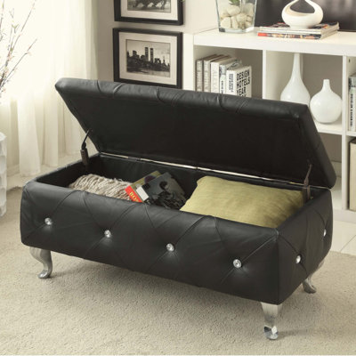 Banc de rangement capitonné en cuir reconstitué avec décor en cristal, repose-pieds de chambre rembourré avec rangement caché pour le vestibule du salon