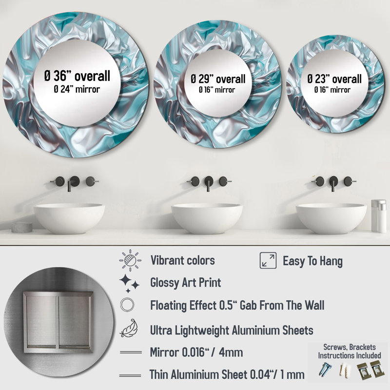 Philyor Silver Blue Dancing Colors - Marble Large Mirror, Modern Round Decorative Wall Mirror, Printed Metal Art, 29" x 29"