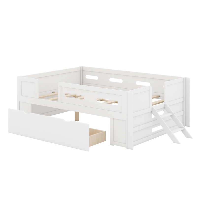 Kids & Teens Wood Platform Bed with Guardrail and Storage Drawer, White