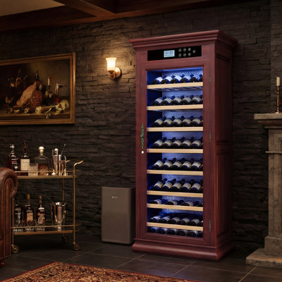 Freestanding Wine Cabinet, Stylish Wine Cooler With UV-Resistant Glass Door, LED Light & Storage Rack