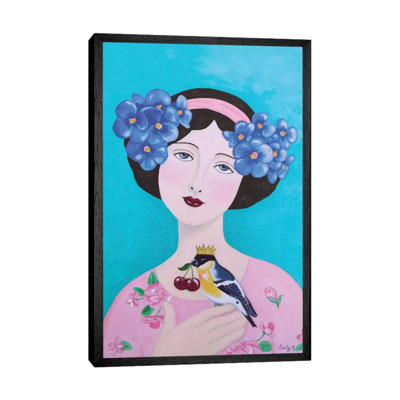 Woman With Bird And Cherry by Sally B - Gallery-Wrapped Canvas Giclée on Canvas, Black Framed, 101.6 cm H x 66.04 cm W