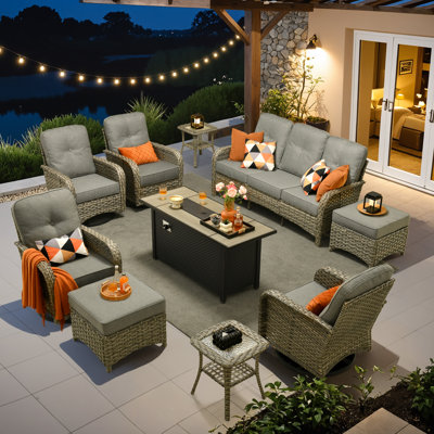 9- Person Patio Furniture Set With Swivel Rocker, Outdoor Wicker Rattan High Back Seating Group With Cushions, All Weather Sofa Conversation Set For Garden Backyard