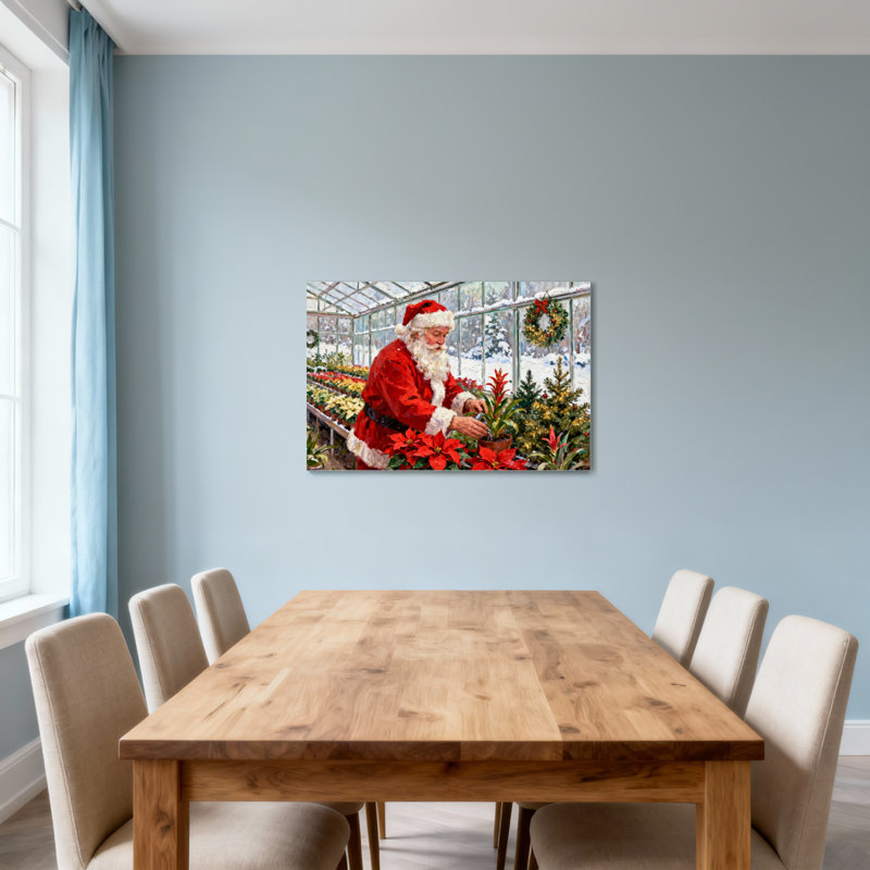 Père Noël qui s'occupe des poinsettias dans la serre, H 28 po x l 40 po