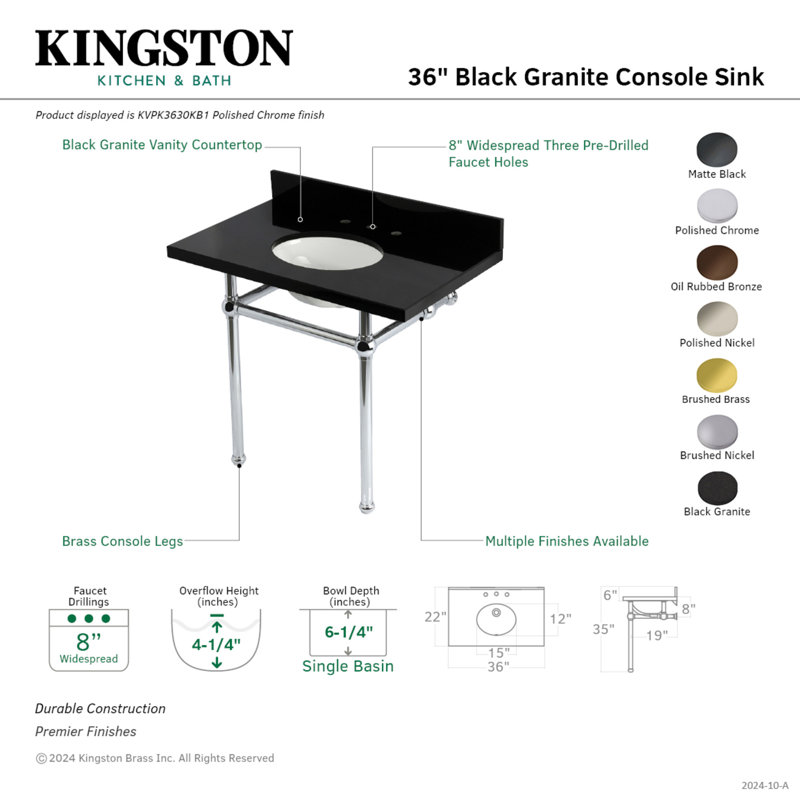 Kingston Brass Templeton 36-Inch Black Granite Console Sink with Brass Legs (8-Inch, 3-Hole), Oil Rubbed Bronze