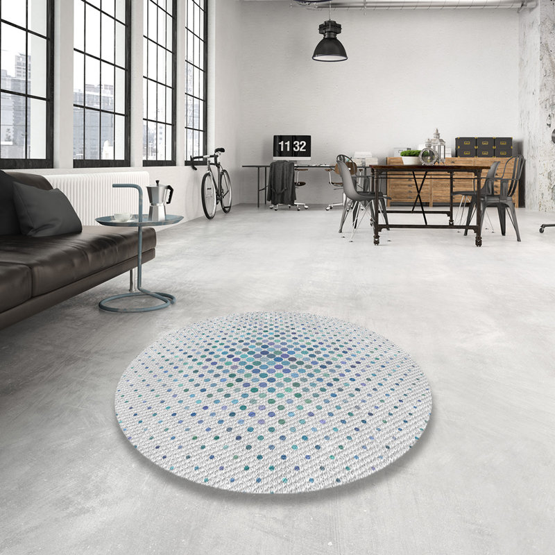 Tapis beige/bleu à motifs, Rond 5 pi
