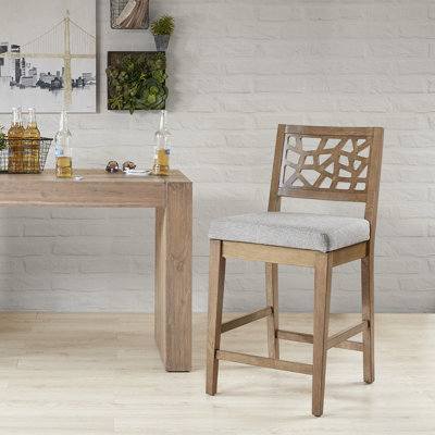 Solid Wood Counter Stool With Upholstered Seat In Oak And Grey, Assembly Required Grey Construction Seat,