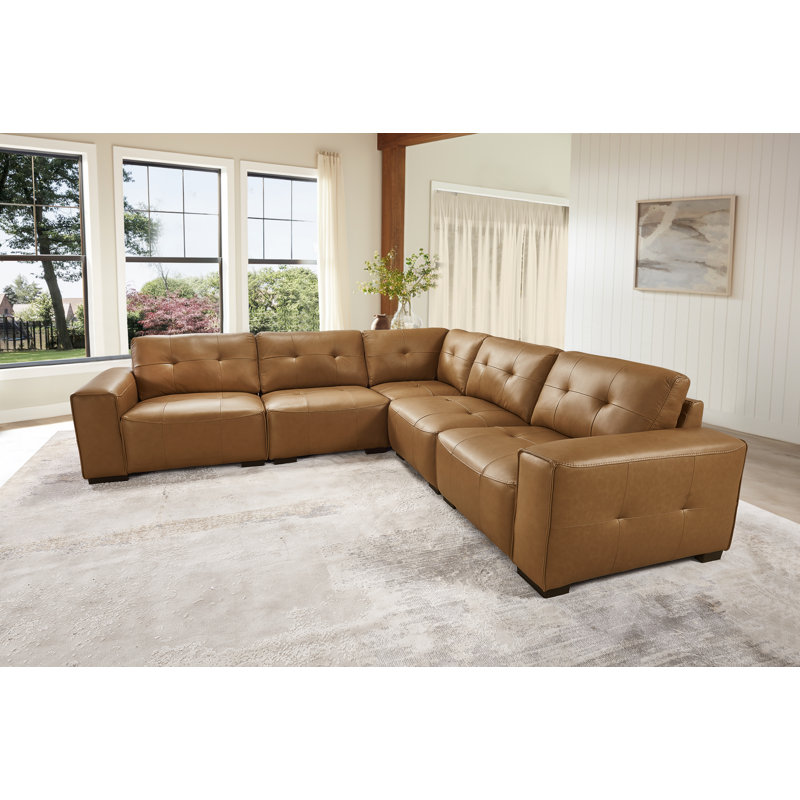 Upholstered Leather 5-piece L-sectional, Brown Faux Leather