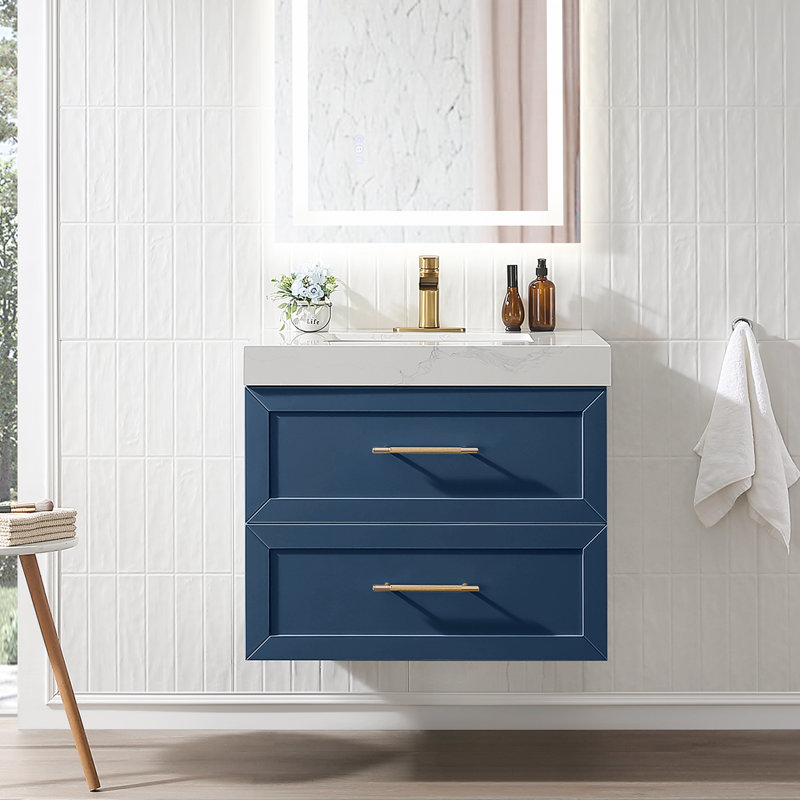 Meuble-lavabo mural simple 30 po avec comptoir en quartz, Marine