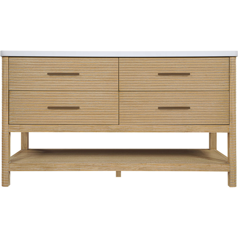 Meuble-lavabo en pierre naturelle et en bois massif 60 po Oakwell, Naturel, 60"