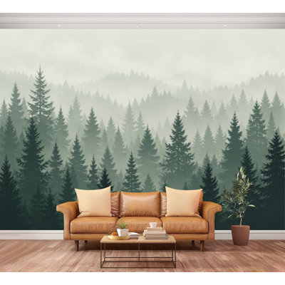 Papier peint auto-adhésif Forêt, paysage, vue panoramique, pin, paysage, épinette, silhouette, papier autocollant amovible, décoration murale pour salon, chambre à coucher H 100 po x l 144 po