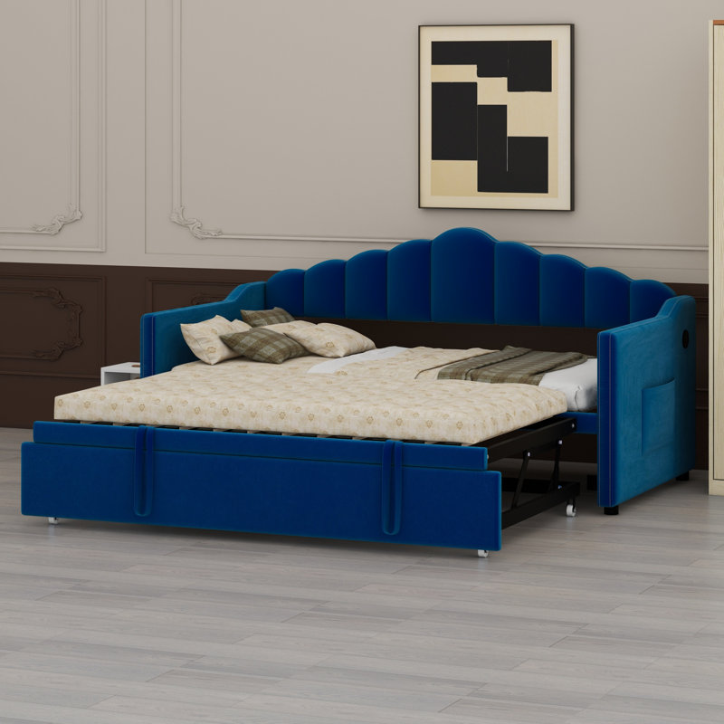 Upholstered Daybed With Adjustable Height Pop Up Trundle Bed And USB & Type-C Charging Port, Day Bed Frame With 2 Side Pockets
