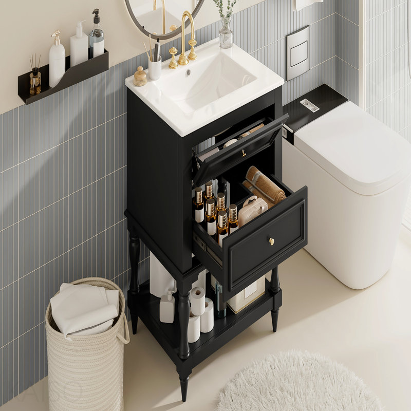  Meuble-lavabo autoportant 24 po à pieds sculptés rétro avec lavabo en céramique et 2 tiroirs - noir, Noir