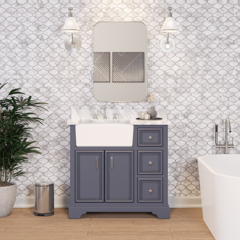 Ensemble de meuble-lavabo simple 36 po Emiliano, Marbre de Carrare, Gris poudre