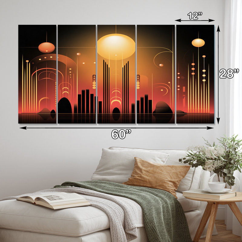 Art nouveau géométrique rose City Retrofuturistic - City Wall Art salon - 5 panneaux égaux
