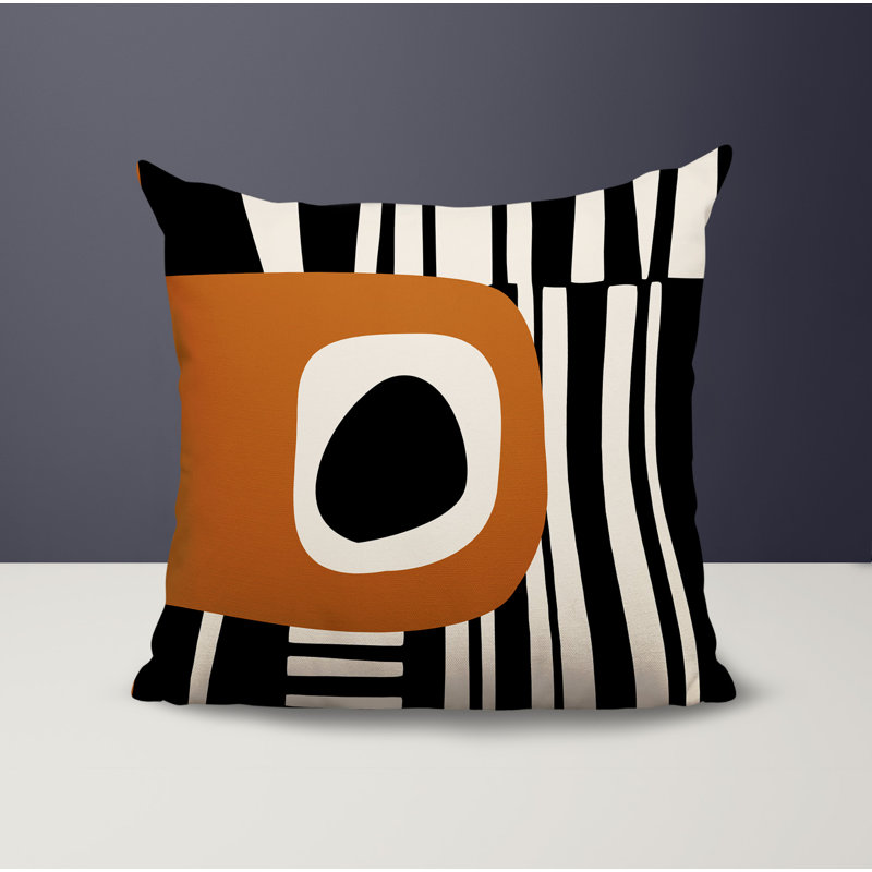 Oreiller carré réversible intérieur / extérieur Jina, H 15 po x l 15 po, Orange brûlé / noir / blanc cassé abstrait