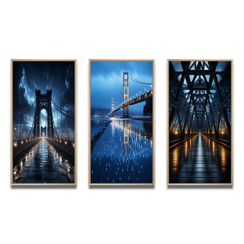 «Blue Bridge Suspension Bridge Charcoal», 3 pièces sur toile, Encadré naturel, H 40 po x l 60 po