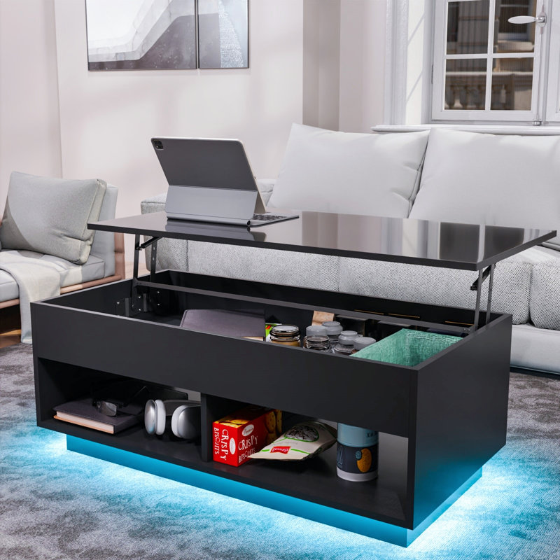 Table basse à plateau relevable Chappa avec bande lumineuse à DEL RVB, compartiment caché et tablette ouverte, Noir