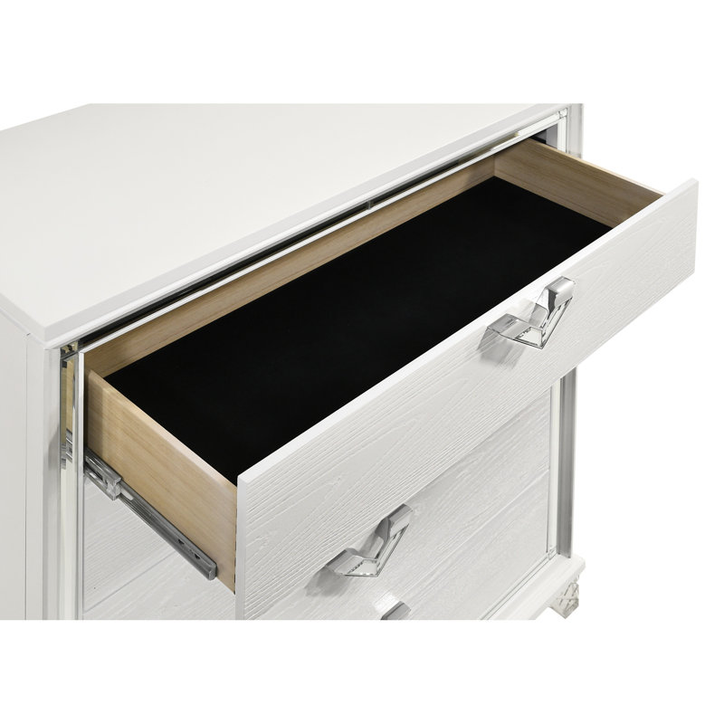 Table de chevet de chambre à coucher avec lueur à DEL, 2 tiroirs et poignées en forme de V en blanc - style moderne 2 pour éclairage V
