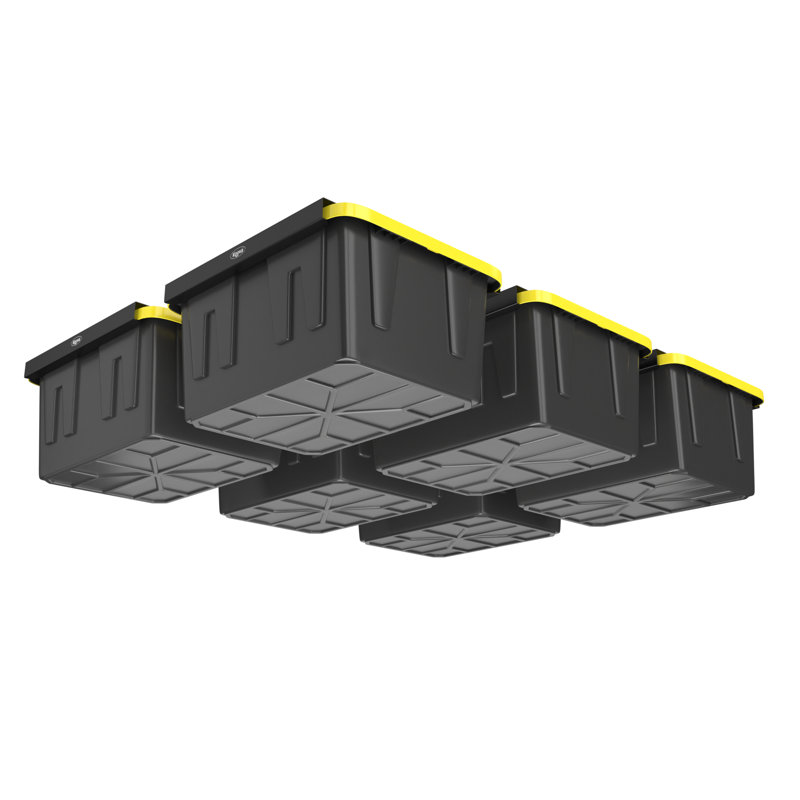 Support à poubelle pour six bacs Koova | Support de rangement pour garage à fixer au plafond avec largeur réglable | Prend en charge la plupart des bacs de rangement noirs et jaunes | Facile à installer | 6 ensembles