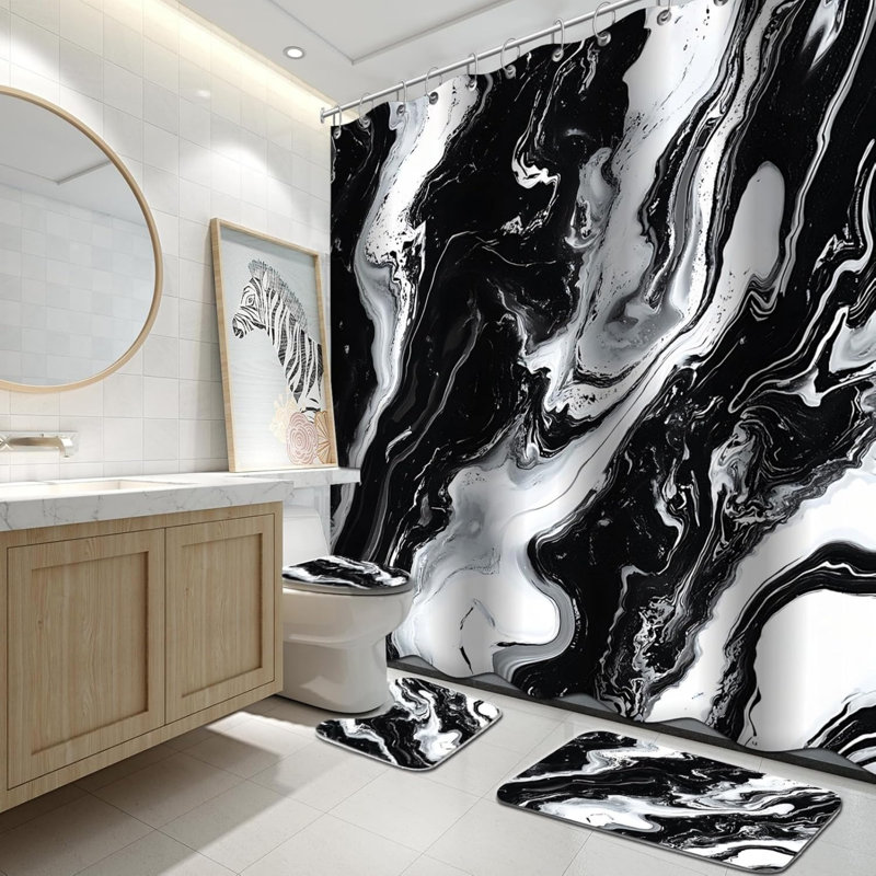 Ensemble de rideaux de douche et tapis de salle de bain en marbre noir et blanc fluides, 4 pièces, noir