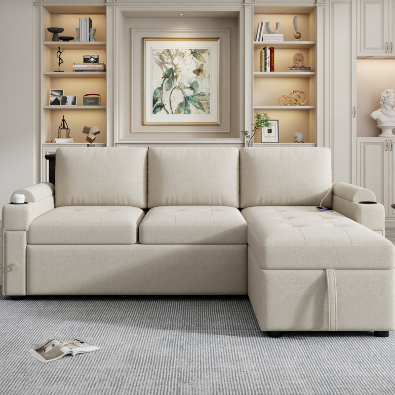 Beige Sectional Couch With Hidden Storage, Ports, Cup Holders L-Shaped Bed Reversible Chaise, Ample &, Beige Chenille