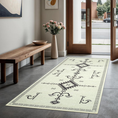 Collection GLN Rugs Bohemian - Tapis lavable à la machine, tapis rétro lavable Bohemian, tapis antidérapant, tapis de salon en chenille à poils courts, tapis de chambre à coucher, tapis de salle de bain (tapis beige)