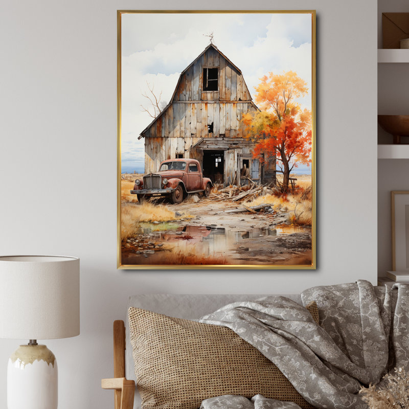 Aswini Barns Rustic Charm IX - Art mural de grange pour le salon, H 20 po x l 12 po x P 1 po, Cadre flottant doré