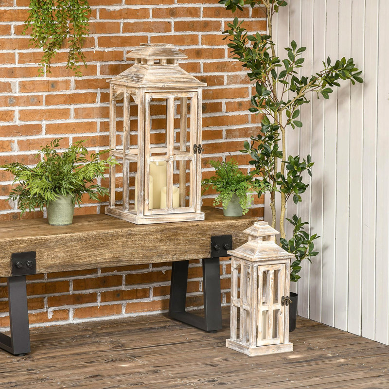 Ensemble de 2 grandes lanternes décoratives en bois rustique d'intérieur / extérieur 28 "/ 20" pour la maison (sans verre), naturel