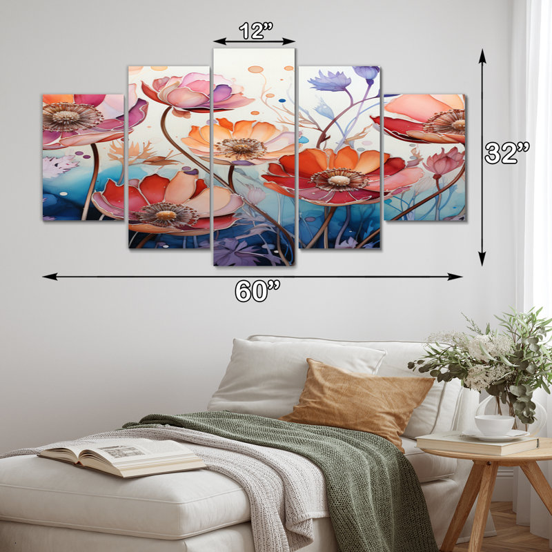 Sérénade botanique rouge-bleu sur toile, 5 pièces